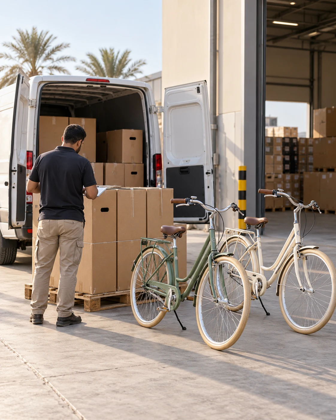 Illustrative bicycle shipment with cartons and a delivery van